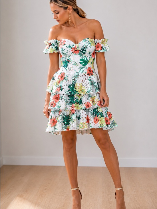Ina Dresses & Skirts - Ina White Tropical Floral Off-Shoulder Ruffle Dress